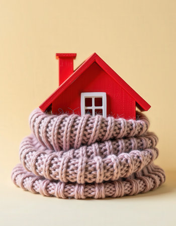 A red toy house with a knitted scarf on a beige backgroundの素材