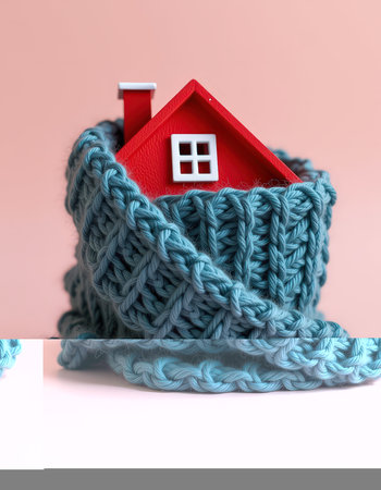 House in a knitted scarf on a pink background. 3d render.の素材