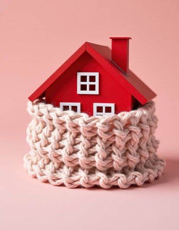 Red house in a knitted basket on a pink background. The concept of buying a home.の素材