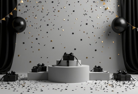 Black and white podium for product presentation with confetti, gift boxes and black balloons. 3D renderingの素材