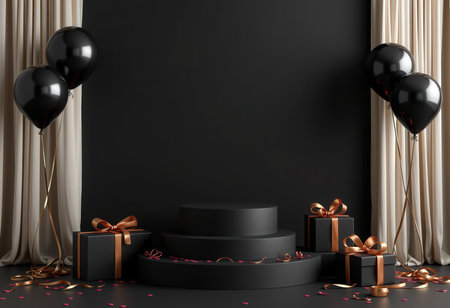 Black podium with black balloons, gift boxes and confetti. 3d renderの素材
