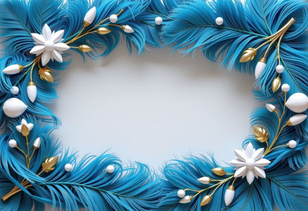 Frame with blue feathers and flowers on white background. Top view.の素材