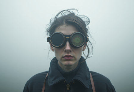 Young woman with binoculars on the foggy background. Portraitの素材