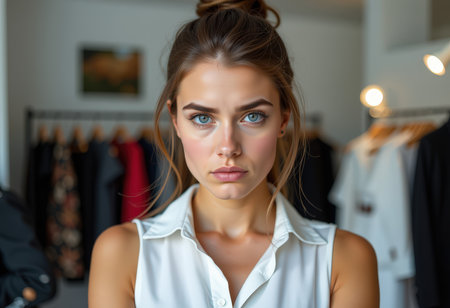 Portrait of a beautiful young woman in a white blouse.の素材