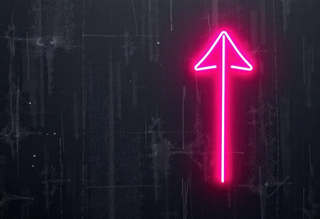 Glowing neon arrow on dark background. Success concept. 3D Renderingの素材