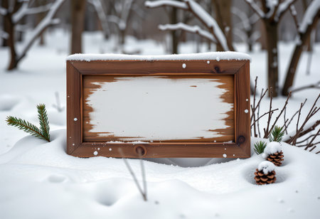 Wooden frame in the snow with fir branches and pine cones.の素材