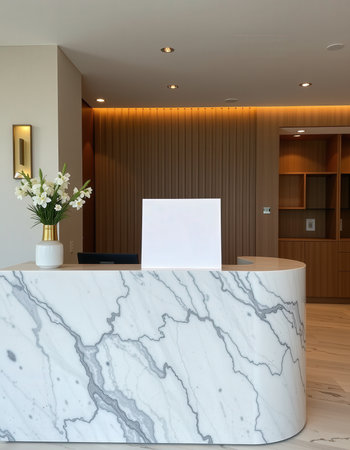 Interior of hotel reception desk with white marble and wooden wall. 3d renderの素材