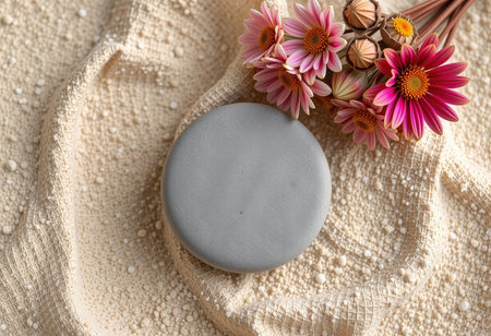 Spa composition with natural soap and flowers on fabric, top viewの素材