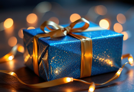 Blue gift box with golden ribbon on bokeh lights background.の素材