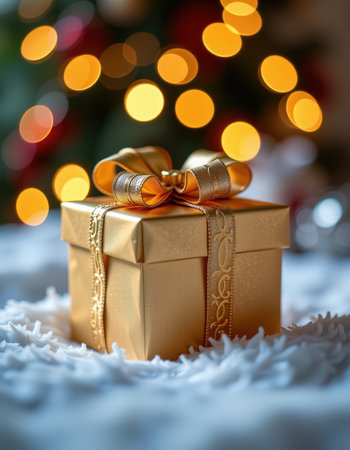 Golden gift box on the background of a Christmas tree with bokehの素材