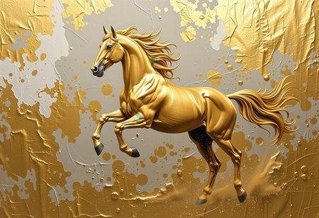 golden horse on a grunge background. 3d illustration.の素材