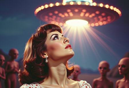 Beautiful young woman in pinup style against UFO flying saucerの素材