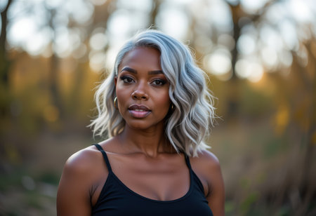 Beautiful young african american woman in the park at sunsetの素材