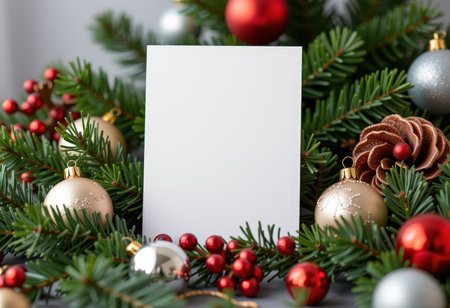 Christmas greeting card mockup with fir tree branches and baublesの素材