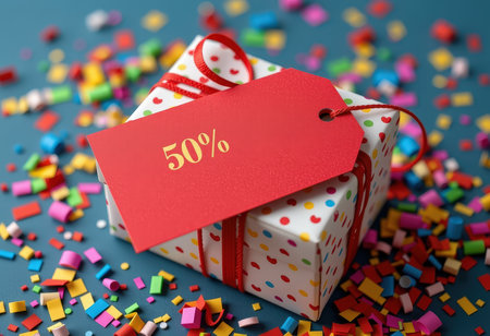 Gift box with red tag and confetti on blue background.の素材