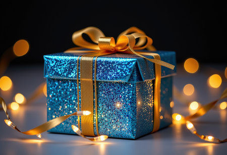 Blue gift box with golden ribbon and bokeh lights on black backgroundの素材