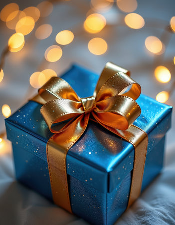 Blue gift box with golden bow and bokeh lights on backgroundの素材