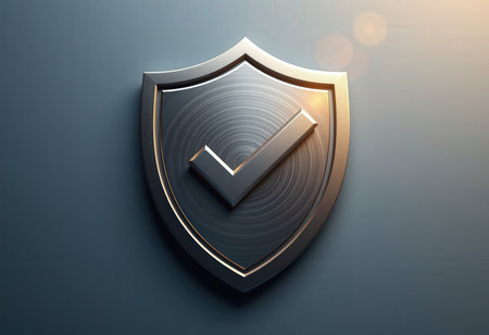 Security shield with check mark on dark blue background. 3d illustrationの素材