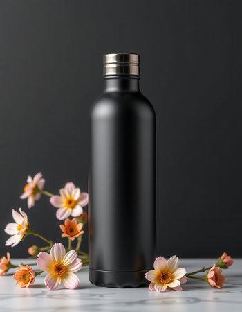 Black cosmetic bottle on a gray background with flowers. Mockup.の素材
