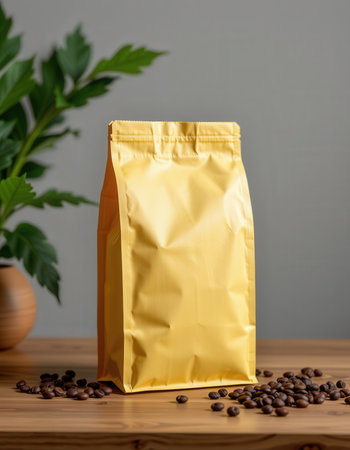 coffee beans in a paper bag on a wooden table with a gray backgroundの素材