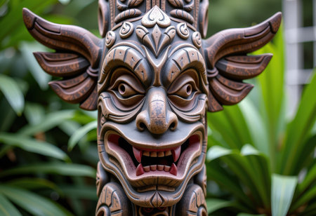 Close-up of a carved wooden idol in the garden, Thailand.の素材