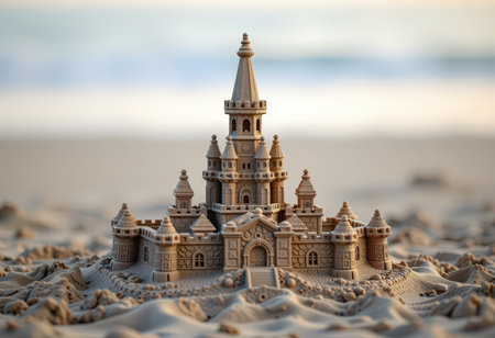Sand castle on the beach at sunset. 3d render illustration.の素材