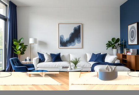 Interior of modern living room with white walls, wooden floor, white sofa with blue armchairs and coffee table. 3d renderの素材