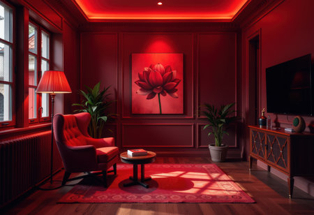 Interior of the living room with red walls. 3d renderingの素材