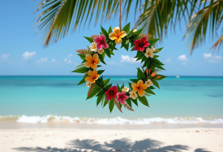 Hawaiian flowers on the beach with palm leaves and sea backgroundの素材