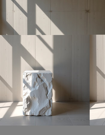 White marble cube with shadow on a wooden wall. 3d renderingの素材