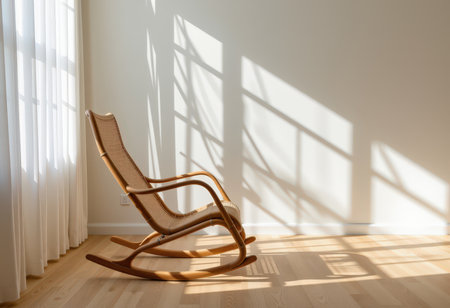 Wooden rocking chair in empty room with sunlight. 3d renderの素材