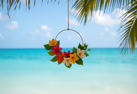 Tropical beach with palm leaves and flowers hanging on the ropeの素材