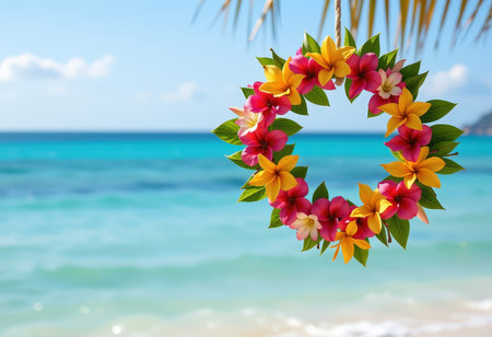 Wreath of frangipani and plumeria flowers on the beachの素材