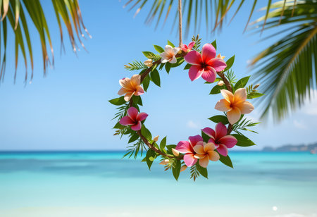 Bouquet of tropical flowers on a tropical beach with palm leavesの素材
