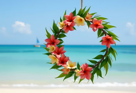 Hibiscus flower wreath on the beach with sea backgroundの素材