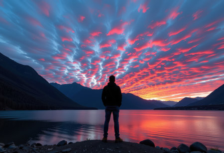 Silhouette of a man at sunset on Lake Louise, Banff National Park, Alberta, Canadaの素材