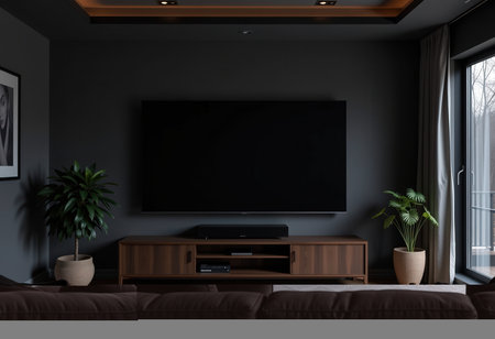 Modern living room interior with black walls, concrete floor, brown leather sofa and TV set on wooden cabinet. 3d renderingの素材