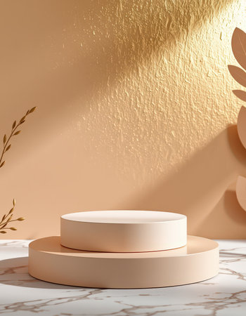 3d render of abstract minimal geometric forms. Glossy golden podium for your design.の素材