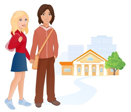 Vector illustration: students couple going to the college.のイラスト素材