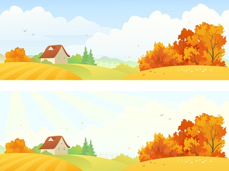 Vector rural autumn banners with trees and fieldsのイラスト素材