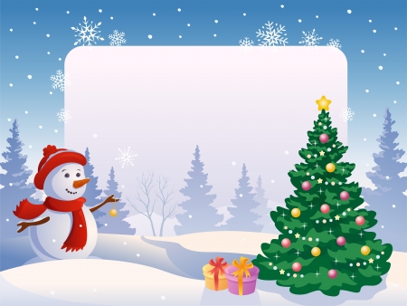 Vector illustration of a snow man decorating a tree at a blank frameのイラスト素材