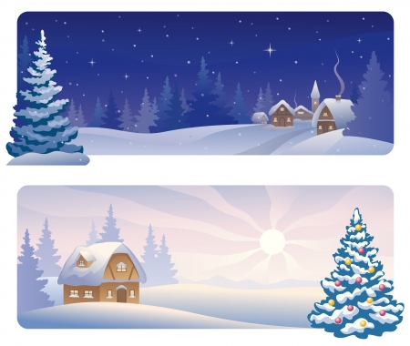 Vector banners with a snowy night village and a Christmas morning house のイラスト素材