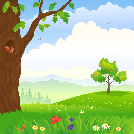 Vector illustration of a cartoon landscape with an oak and apple treeのイラスト素材