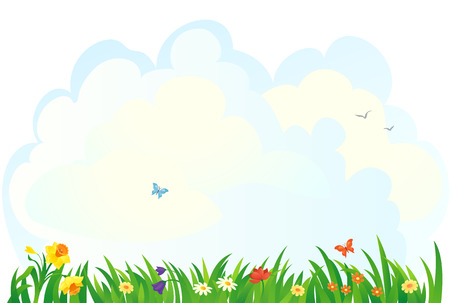 Vector background with a spring grass and flowersのイラスト素材