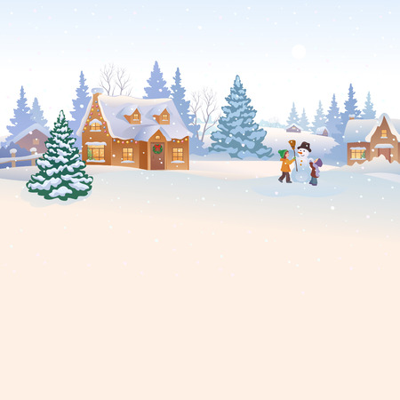 illustration of snowy countryside background with kids making a snowmanのイラスト素材