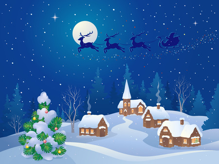 Vector cartoon illustration of a Santa sleigh flying over a small snowy villageのイラスト素材