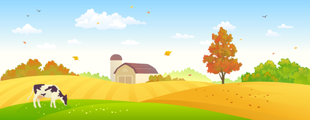 Vector illustration of an autumn farm banner with wheat fields and a grazing cowのイラスト素材