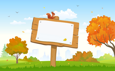 Vector illustration of a beautiful autumn city park and a signboardのイラスト素材