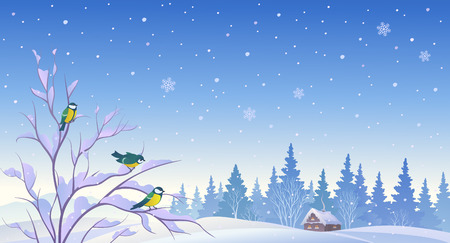 illustration of a winter morning background with titmouses birds on a bushのイラスト素材
