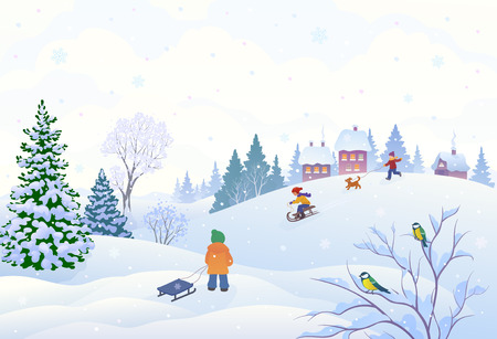 illustration of a winter scene in a small snowy village with playing kidsのイラスト素材